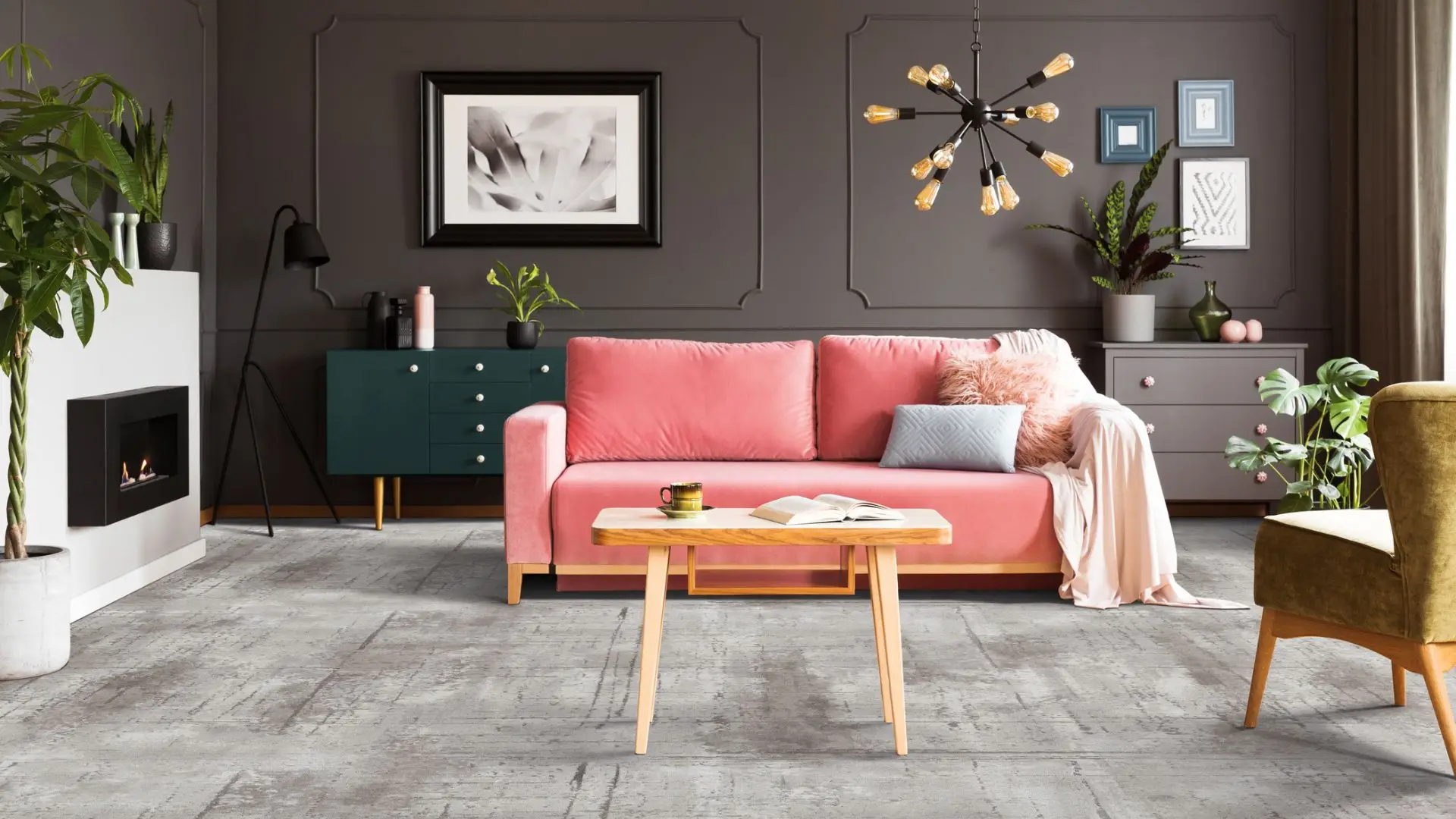 gray patterned carpet with salmon sofa
